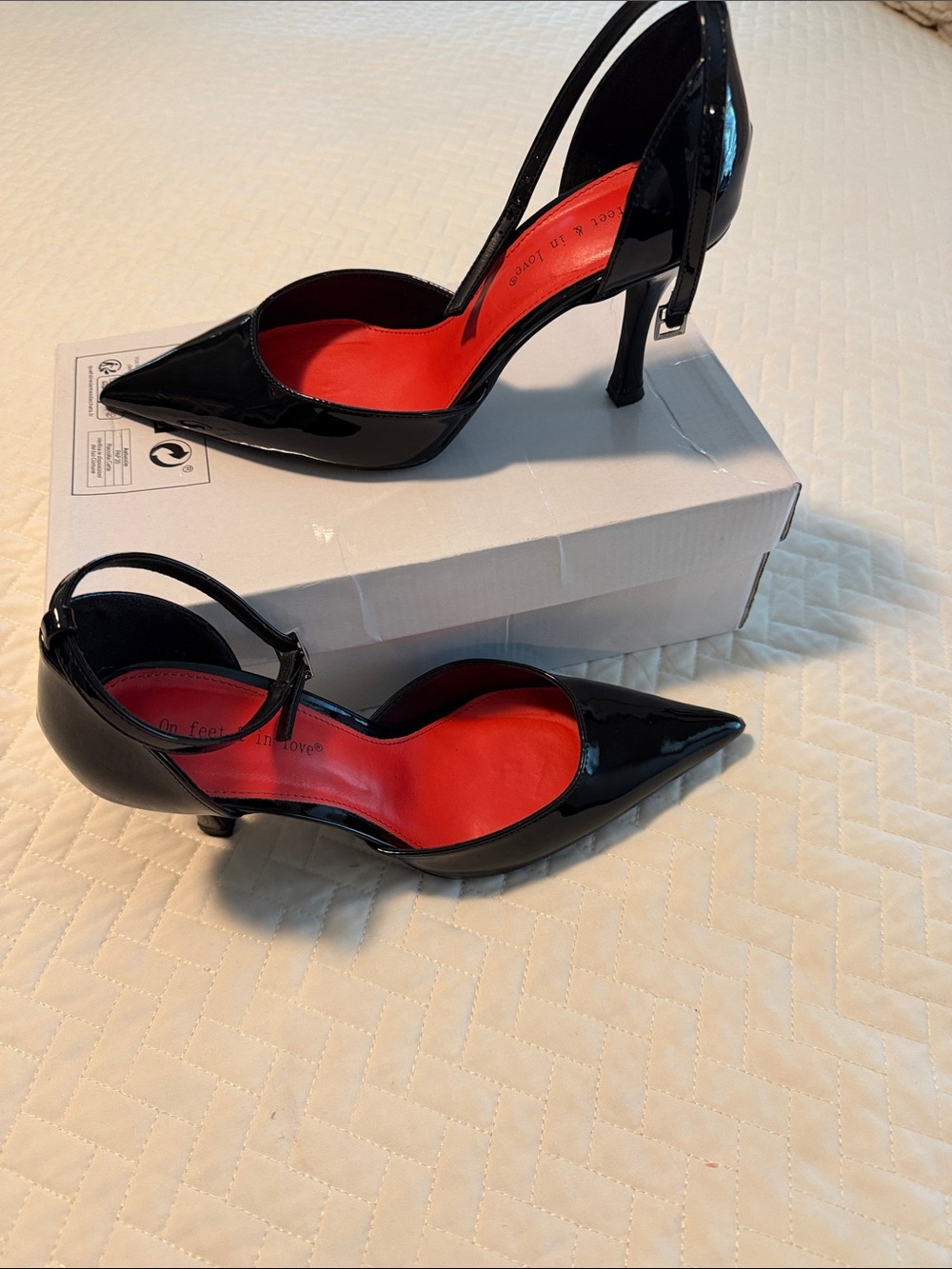 Black Patent Pointed-Toe Slingback Heels with Red Insole